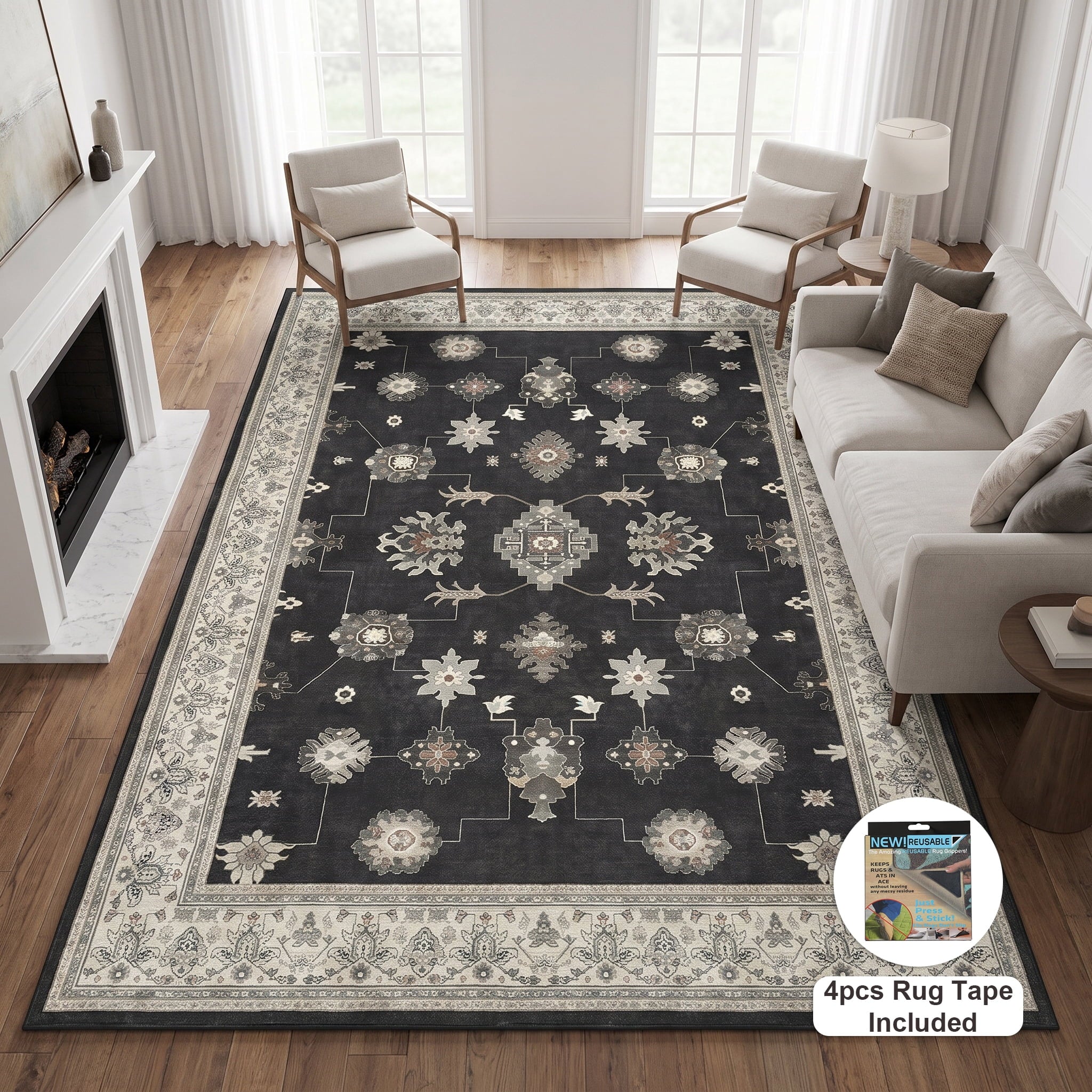 Fnova Boho Black 8 x 10 Area Rugs for Living Room, Soft Washable Bedroom Dining Room Rugs, Farmhouse Vintage Non-Slip Ultra Thin Indoor Carpet for Playroom Office Decor
