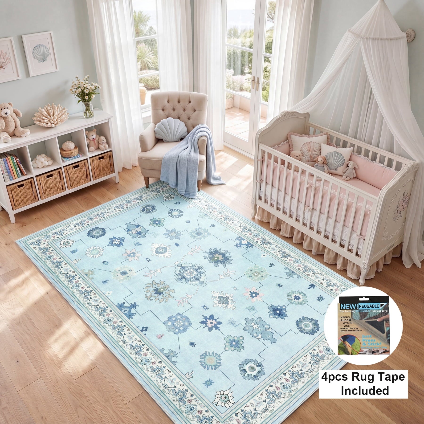Fnova Boho Blue 5x7 Washable Area Rugs for Living Room, Soft Non-Slip Rugs for Bedroom Nursery, Farmhouse Vintage Ultra Thin Indoor Dining Room Carpet for Dorm Kids Room