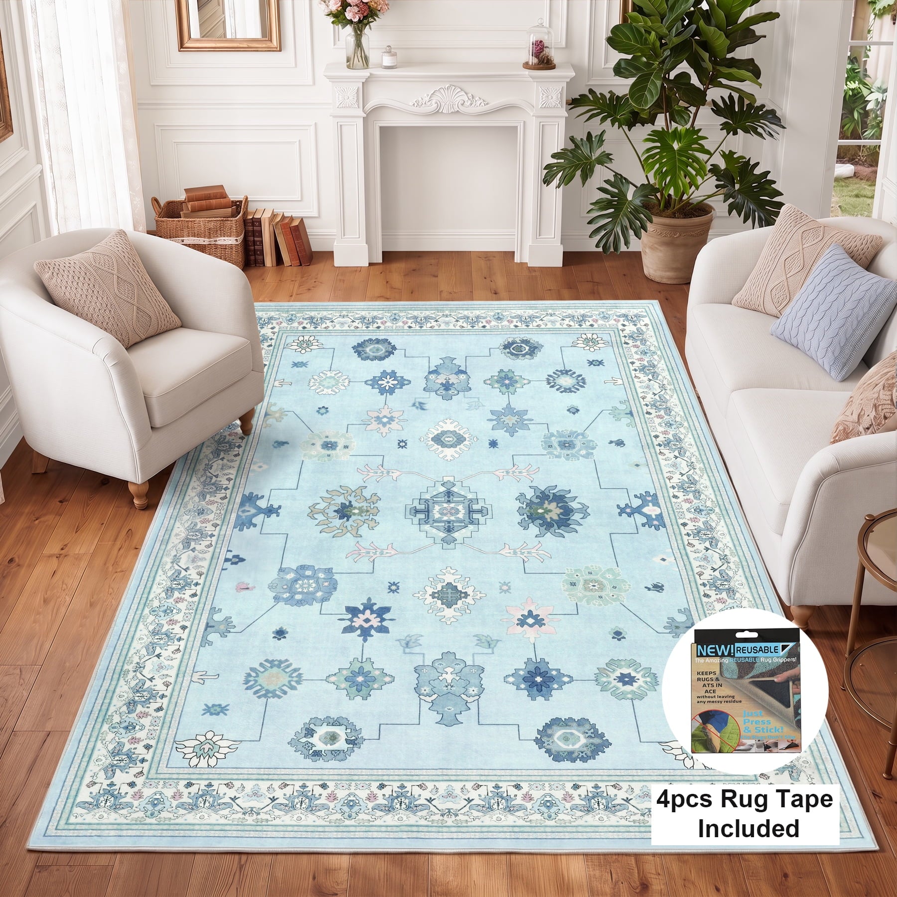 Fnova Boho Blue 8x10 Area Rugs for Living Room, Soft Washable Bedroom Rugs 8x10 for Nursery, Farmhouse Vintage Large Ultra Thin Indoor Throw Carpet for Dorm Kids Dining Room