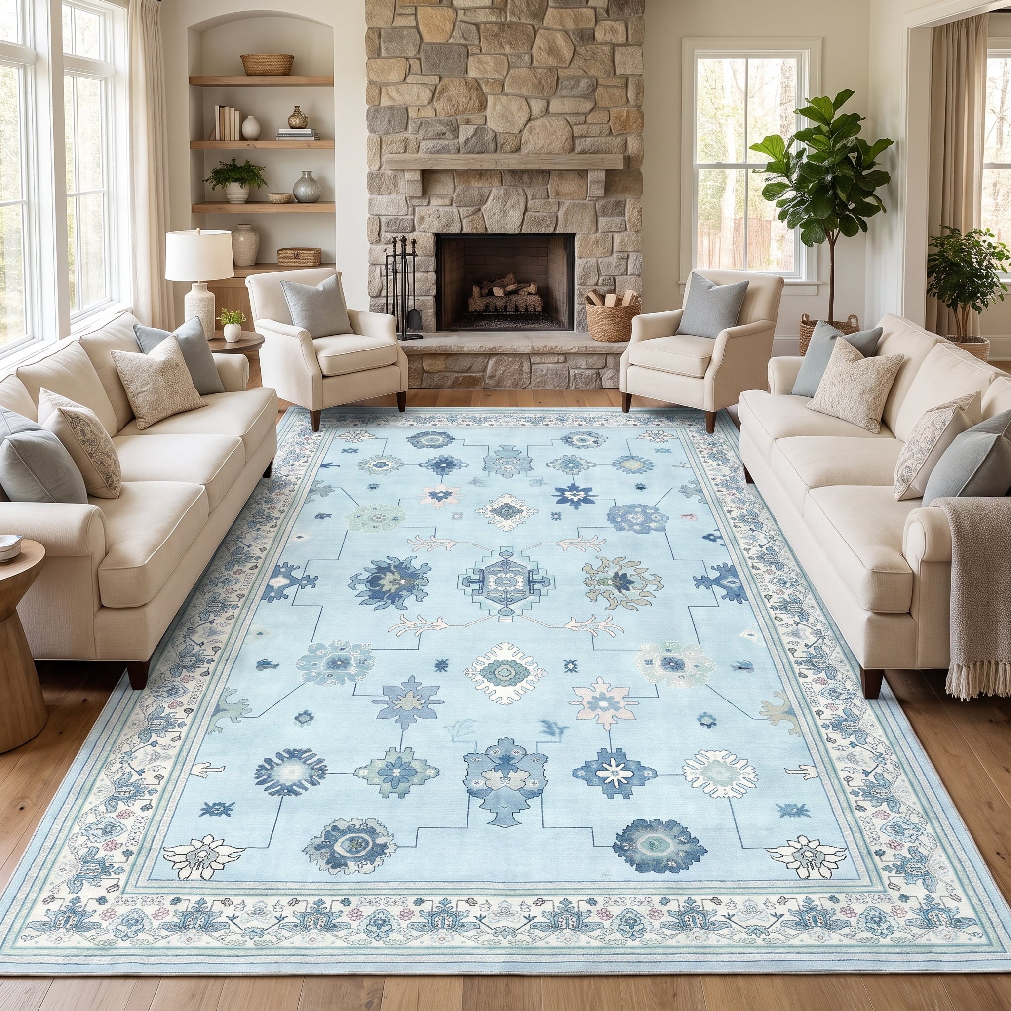Fnova Boho Blue 9x12 Area Rugs for Living Room, Soft Washable Large Rugs for Bedroom, Farmhouse Bohemian Soft Non-Slip Indoor Dining Room Carpet for Kids Playroom Office