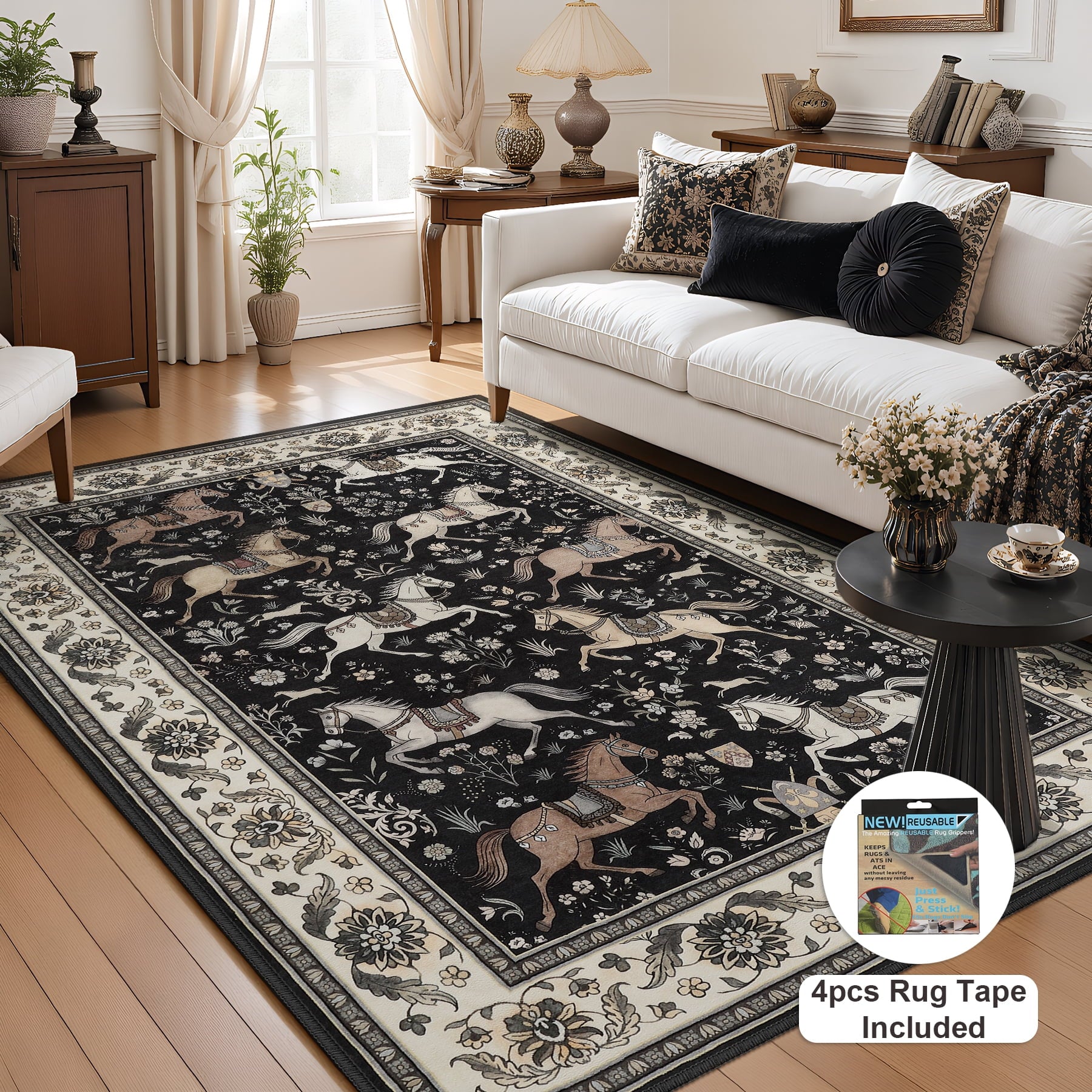Fnova Boho Horse Print 5x7 Black Area Rugs for Living Room, Vintage Animal Washable Rug for Bedroom, Soft Non-Slip Low Pile Indoor Dining Room Carpet for Office Playroom, Oeko-Tex Certified