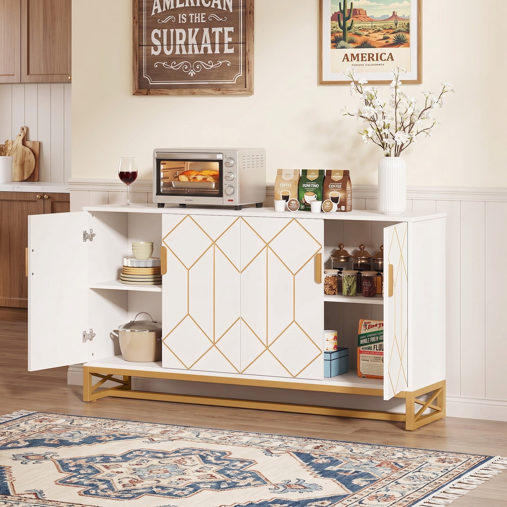 Fnova Buffet Cabinet with 4 Doors, 59" Kitchen Sideboard Storage Cabinet, Modern Coffee Bar Cabinet for Dining Room, White & Gold