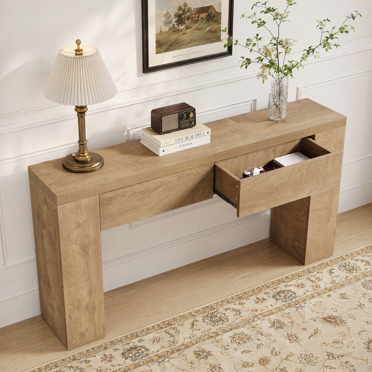 Fnova Entryway Console Table with 2 Drawers, 63" Rustic Wooden Sofa Table, Brown