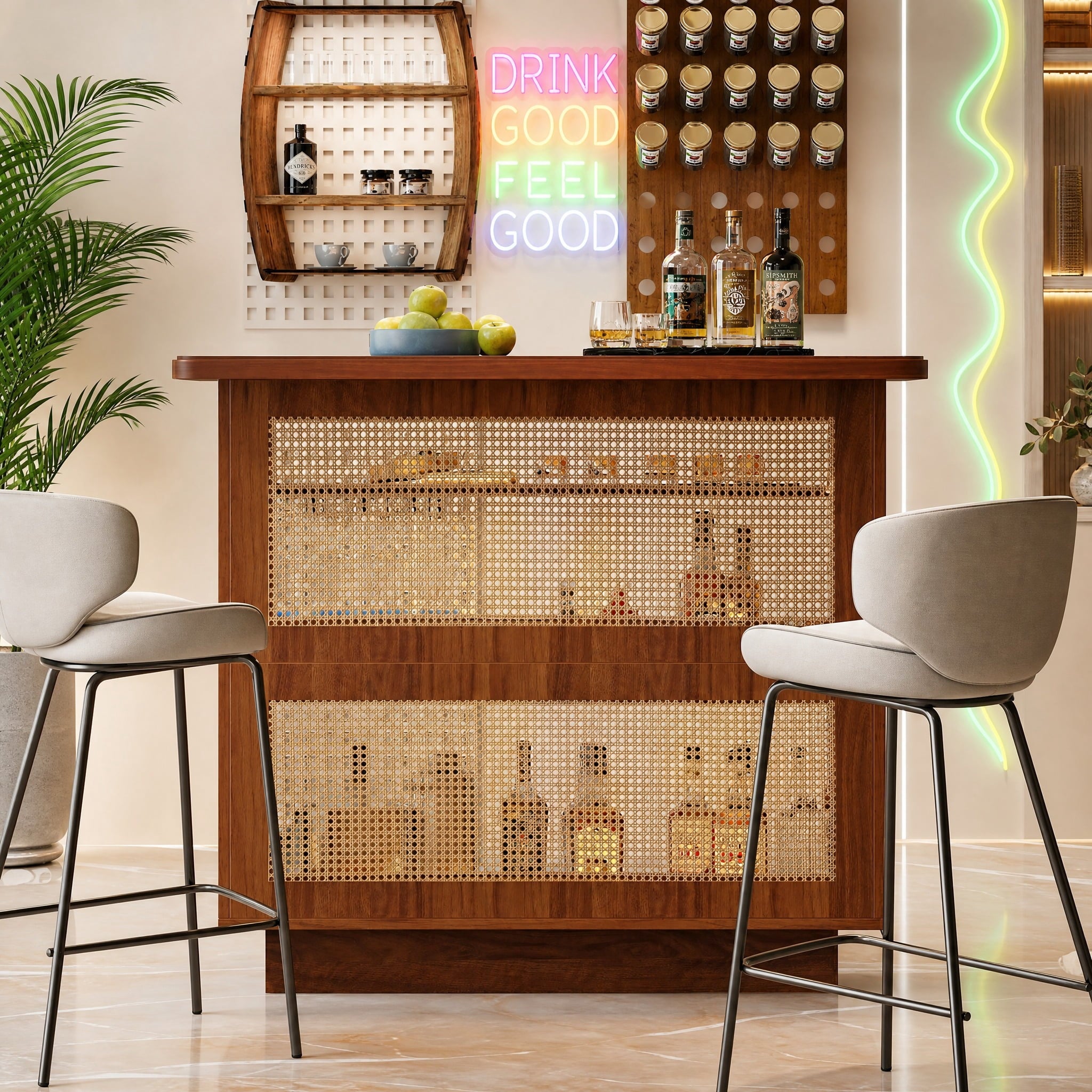 Fnova Farmhouse Rattan Home Bar Cabinet with Glass Holders, 4-Tier Corner Liquor Display Unit, Versatile Wine Bar Table and Reception Desk, Brown