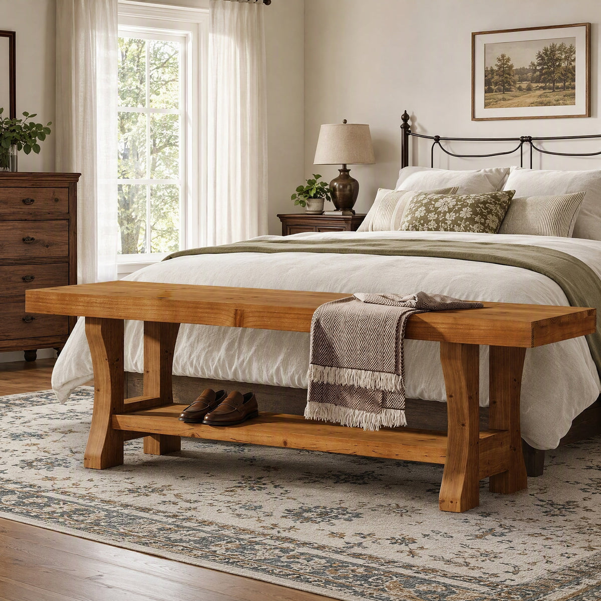 Fnova Farmhouse Solid Wood Storage Bench, Long Dining Seat, Easy Assembly, Brown