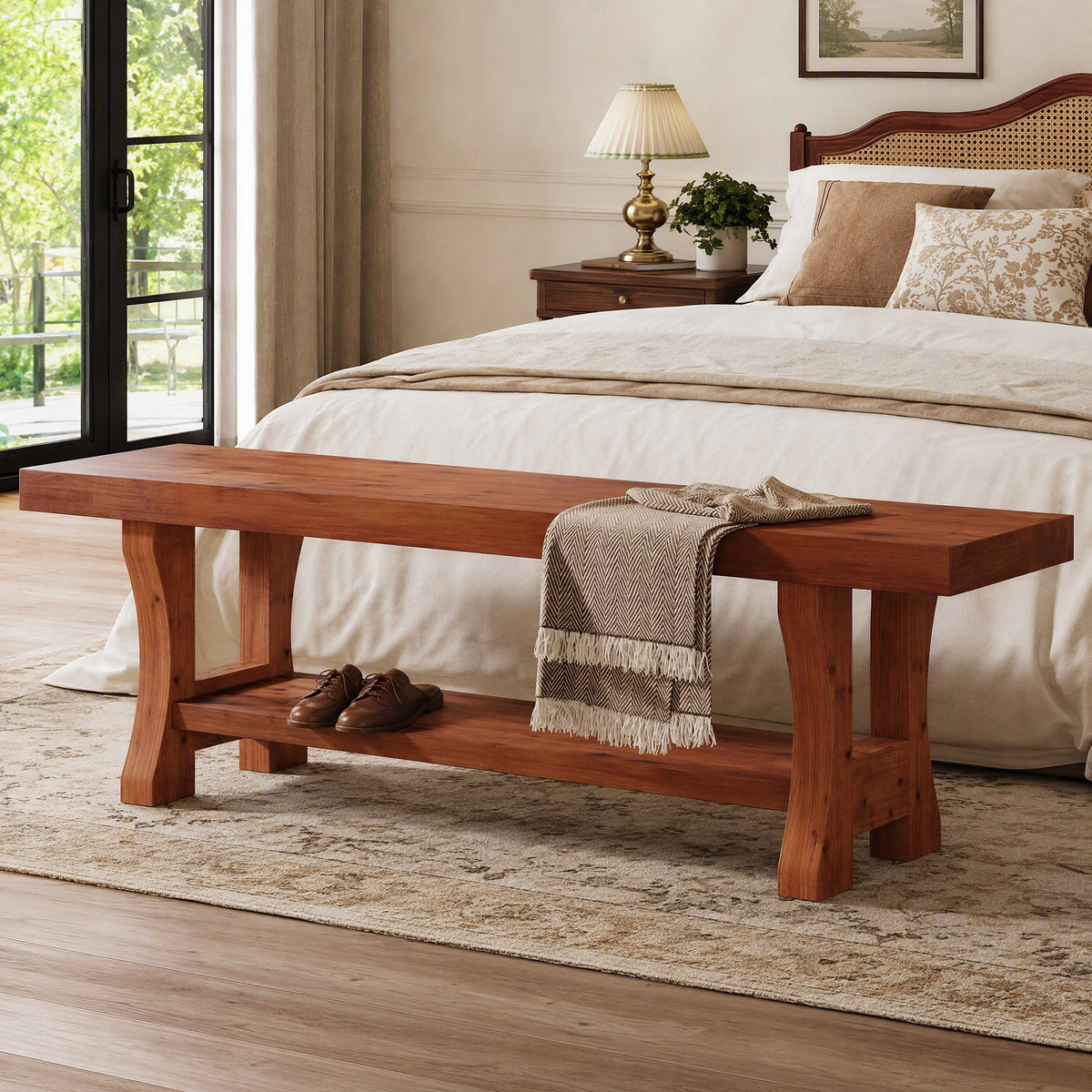 Fnova Farmhouse Solid Wood Storage Bench, Long Dining Seat, Easy Assembly, Red Brown