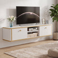 Fnova Floating TV Stand for TVs up to 65 Inch, Wall Mounted Entertainment Center with 2 Drawers, Open Storage Shelves & Cable Management, Modern TV Console Cabinet for Living Room, White & Gold