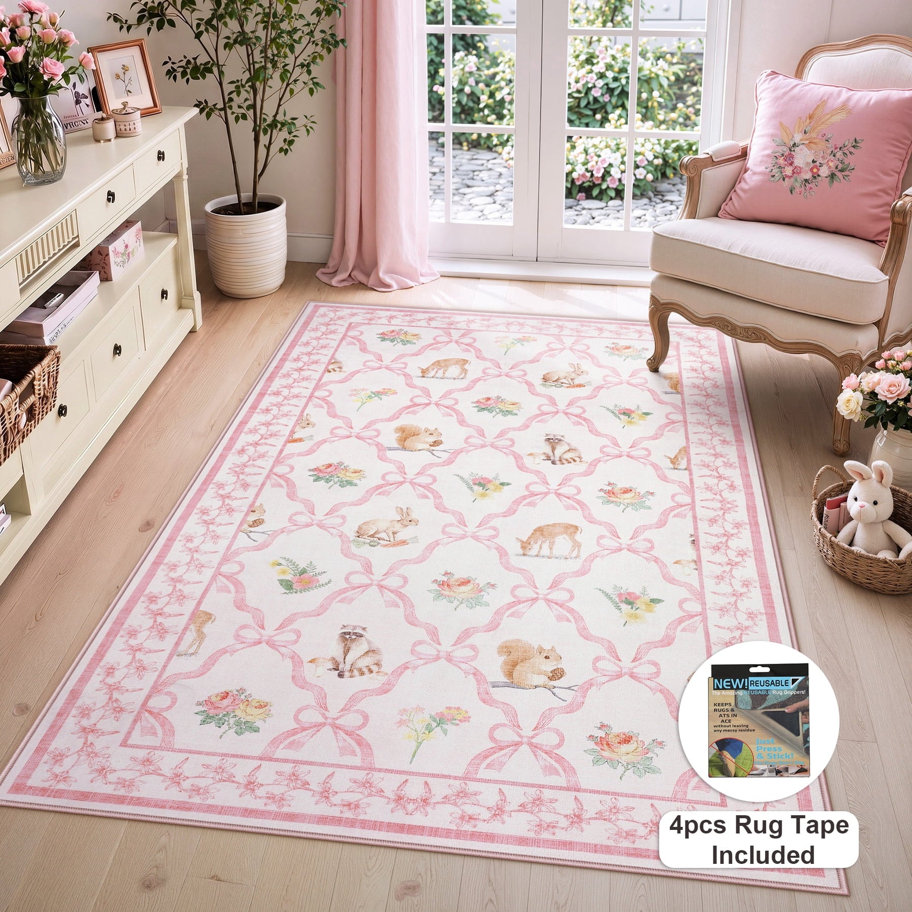 Fnova Floral Bow 3x5 Pink Rug for Girls Bedroom, Soft Cottagecore Animal Machine Washable Nursery Living Room Area Rug, Non-Slip Low Pile Boho Floral Carpet for Dorm Kids Playroom, Pink/3x5