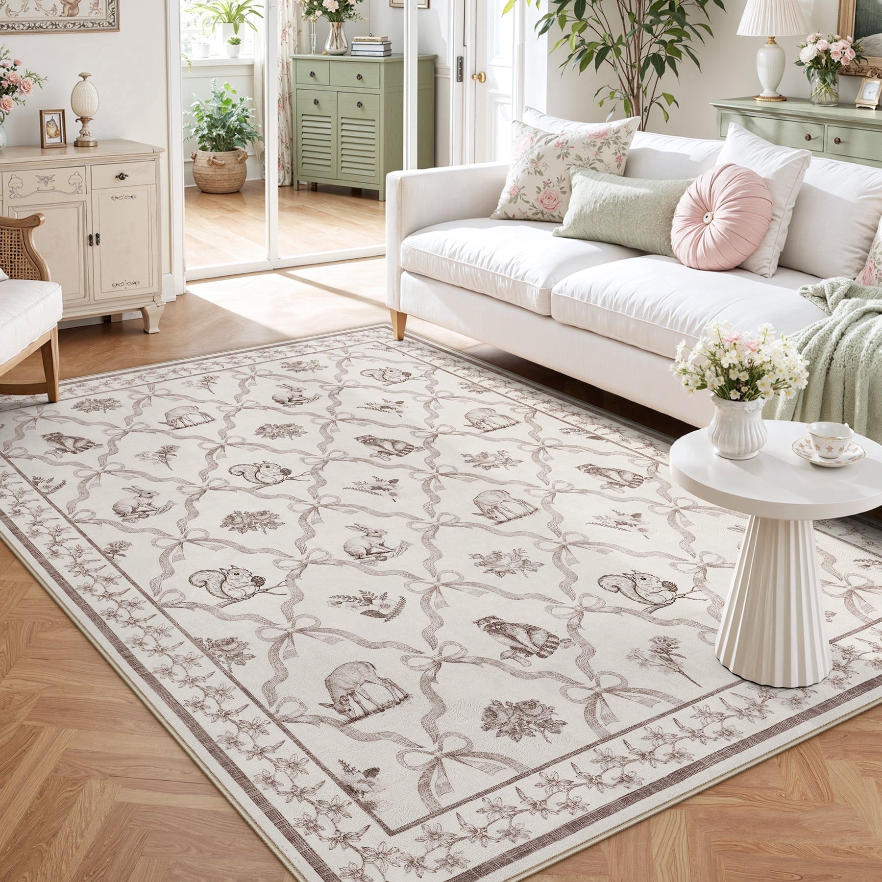 Fnova Floral Bow 5x7 Washable Beige Rug for Bedroom Girls, Non-Slip Soft Cottagecore Animal Print Nursery Area Rug Living Room, Low Pile Boho Floral Carpet for Dorm Kids Playroom, Beige/5x7