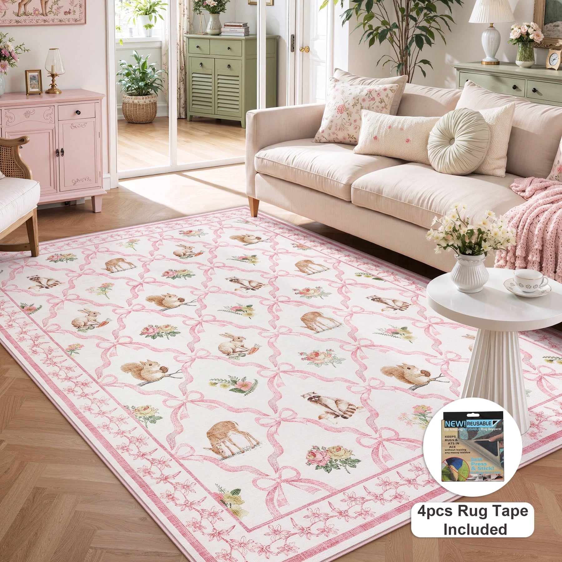 Fnova Floral Bow 5x7 Washable Pink Rug for Bedroom Girls, Non-Slip Soft Cottagecore Animal Print Nursery Area Rug Living Room, Low Pile Boho Floral Carpet for Dorm Kids Playroom, Pink/5x7