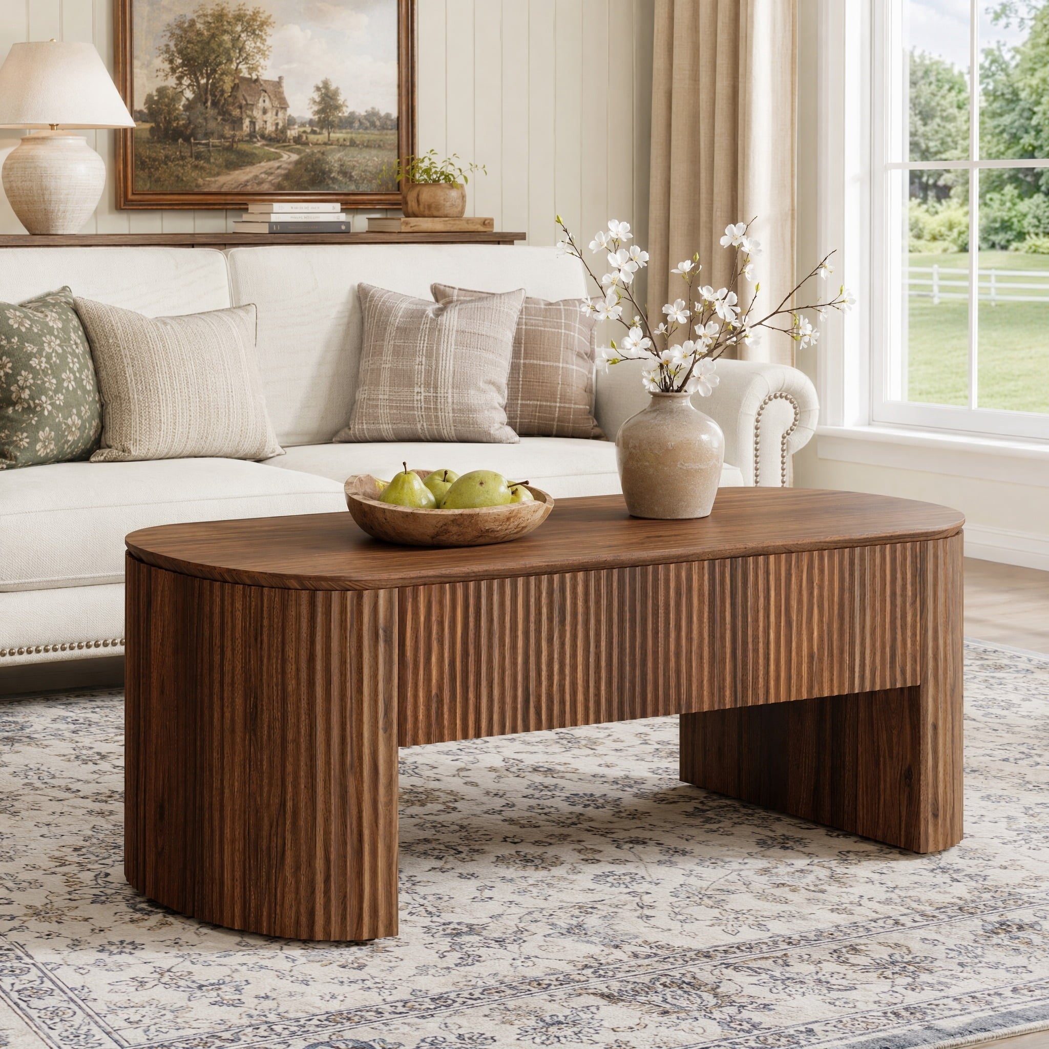 Fnova Fluted Lift Top Oval Coffee Table with Storage, 47" Lift Up Tabletop Center Table with Hidden Compartments for Living Room, Rustic Brown