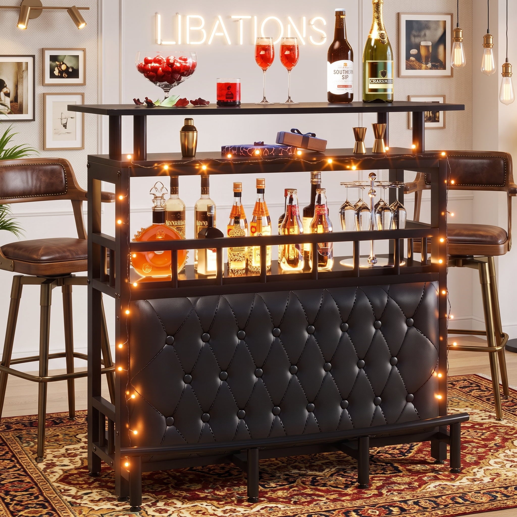 Fnova Home Bar Table with Storage, 44" Counter Height Pub Table with Upholstered & Metal Front Footrest, Black