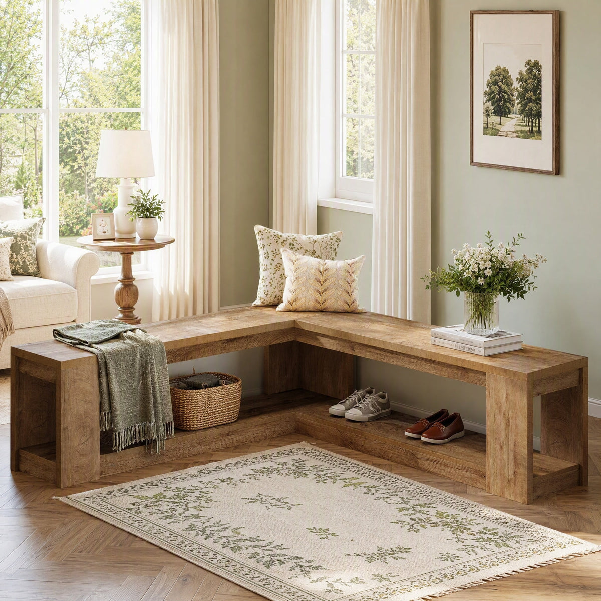 Fnova L Shaped Corner Bench with Storage, Farmhouse Wooden Backless Bench for Entryway, Dining Room, Living Room, Brown