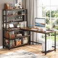 Fnova 55" L-Shaped Office Desk with Hutch, Reversible Computer Corner Desk with Wireless Charging and Shelves for Home Office, Brown