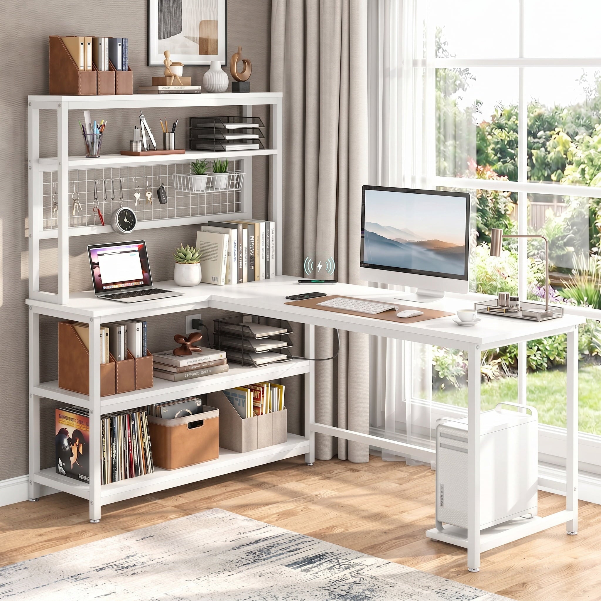 Fnova 55" L-Shaped Craft Desk with Storage, Reversible Study Writing Table with Wireless Charging for Adults, White