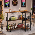 Fnova L-Shaped Home Bar Cabinet with Glass Holders, 3 Tier Corner Liquor Display Unit with Storage Shelves, Brown