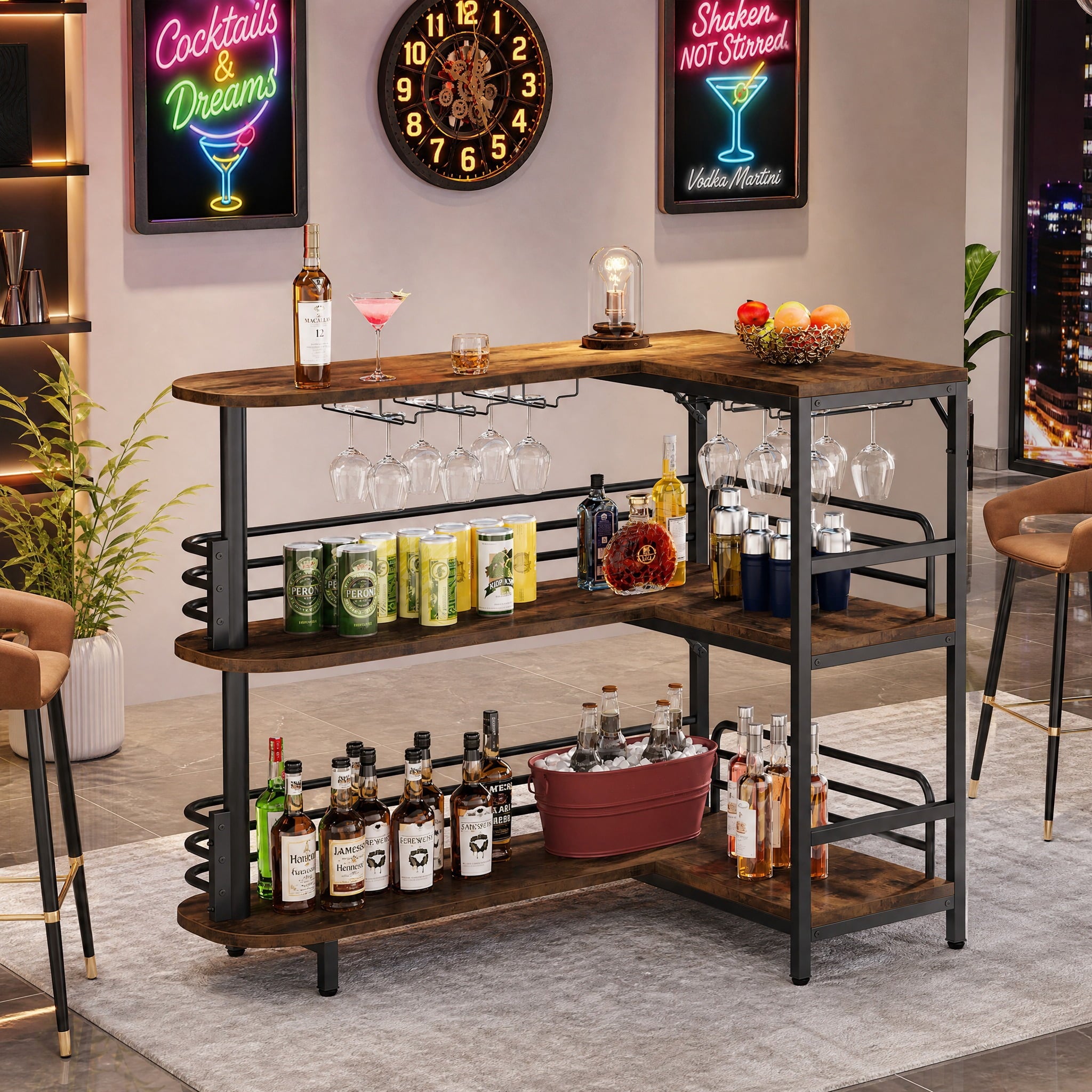 Fnova L-Shaped Home Bar Cabinet with Glass Holders, 3 Tier Corner Liquor Display Unit with Storage Shelves, Brown