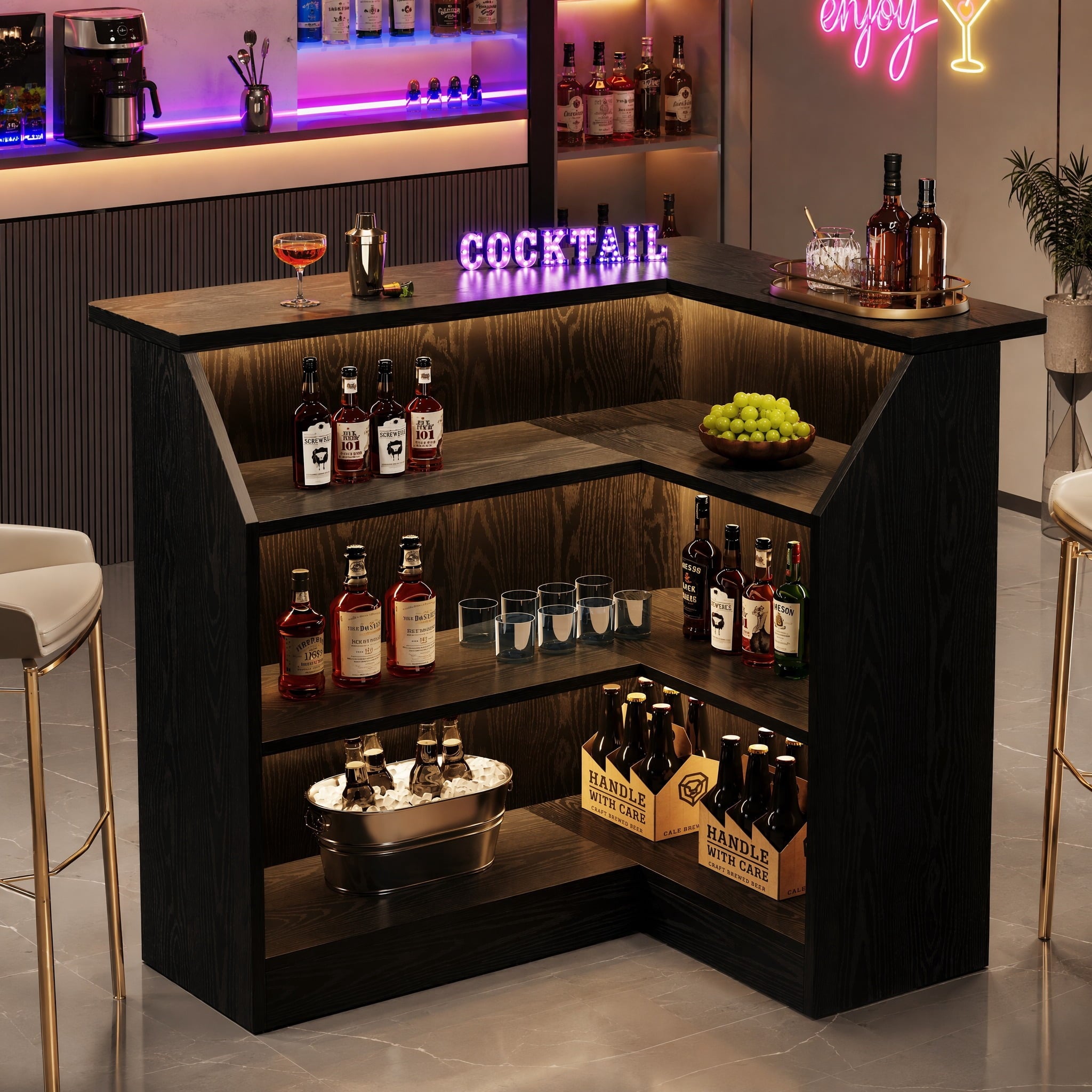 Fnova L-Shaped Home Bar Unit with Metal Footrest, 4-Tier Corner Liquor Display Unit, Versatile Reception Desk with Storage, Black