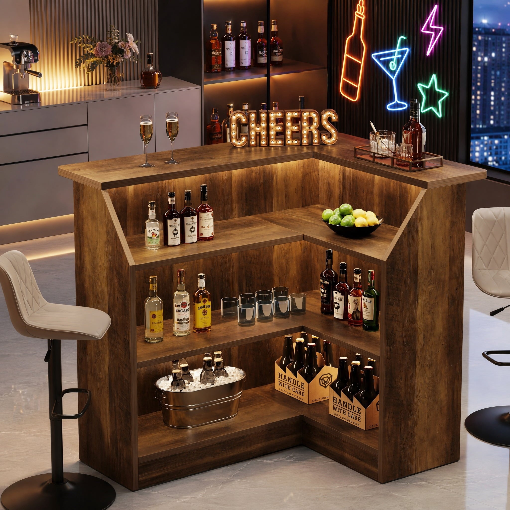 Fnova L-Shaped Home Bar Unit with Metal Footrest, 4-Tier Corner Liquor Display Unit, Versatile Reception Desk with Storage, Brown