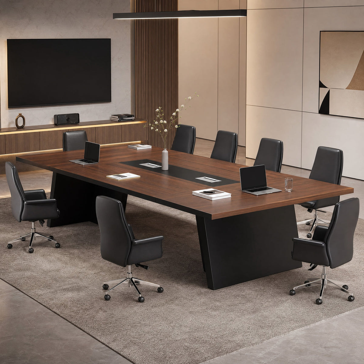 Fnova Large 8ft Conference Table for 8-10 People, Modern Business Seminar Furniture for Conference Room, Brown & Black