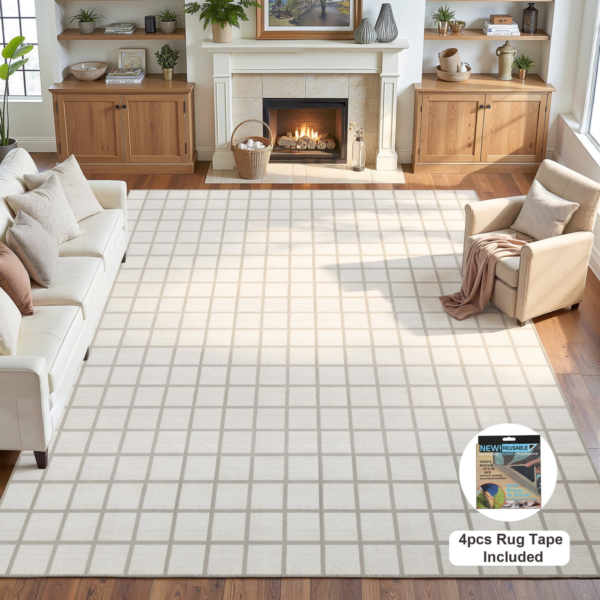 Fnova Modern Plaid 8x10 Cream Living Room Bedroom Area Rug, Large Soft Washable Non-Slip Rugs for Dining Room, Home Office Decor