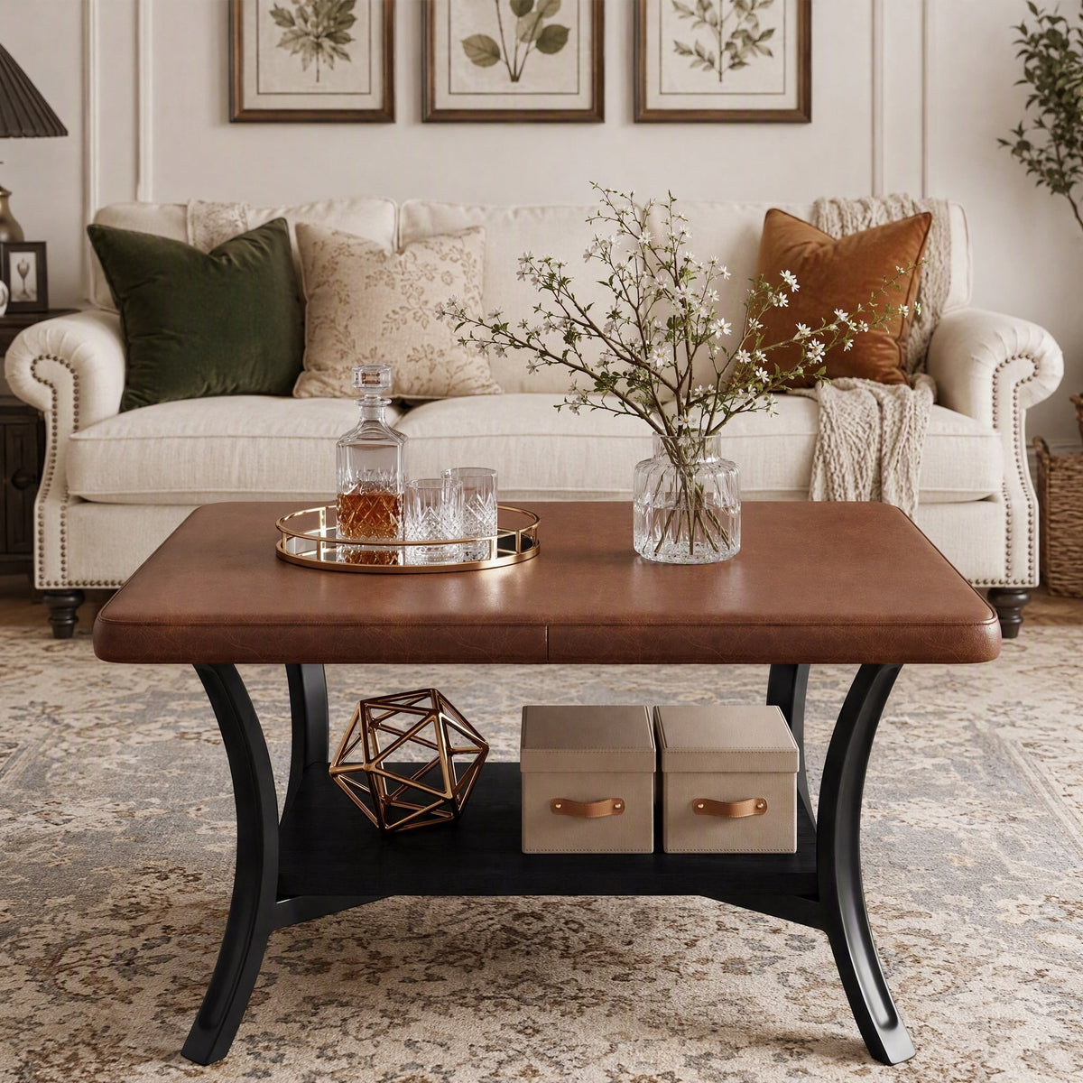 Fnova Modern Square Coffee Table with PU Leather Top, Upholstered Ottoman with Curved Sturdy Metal Frame, Brown & Black