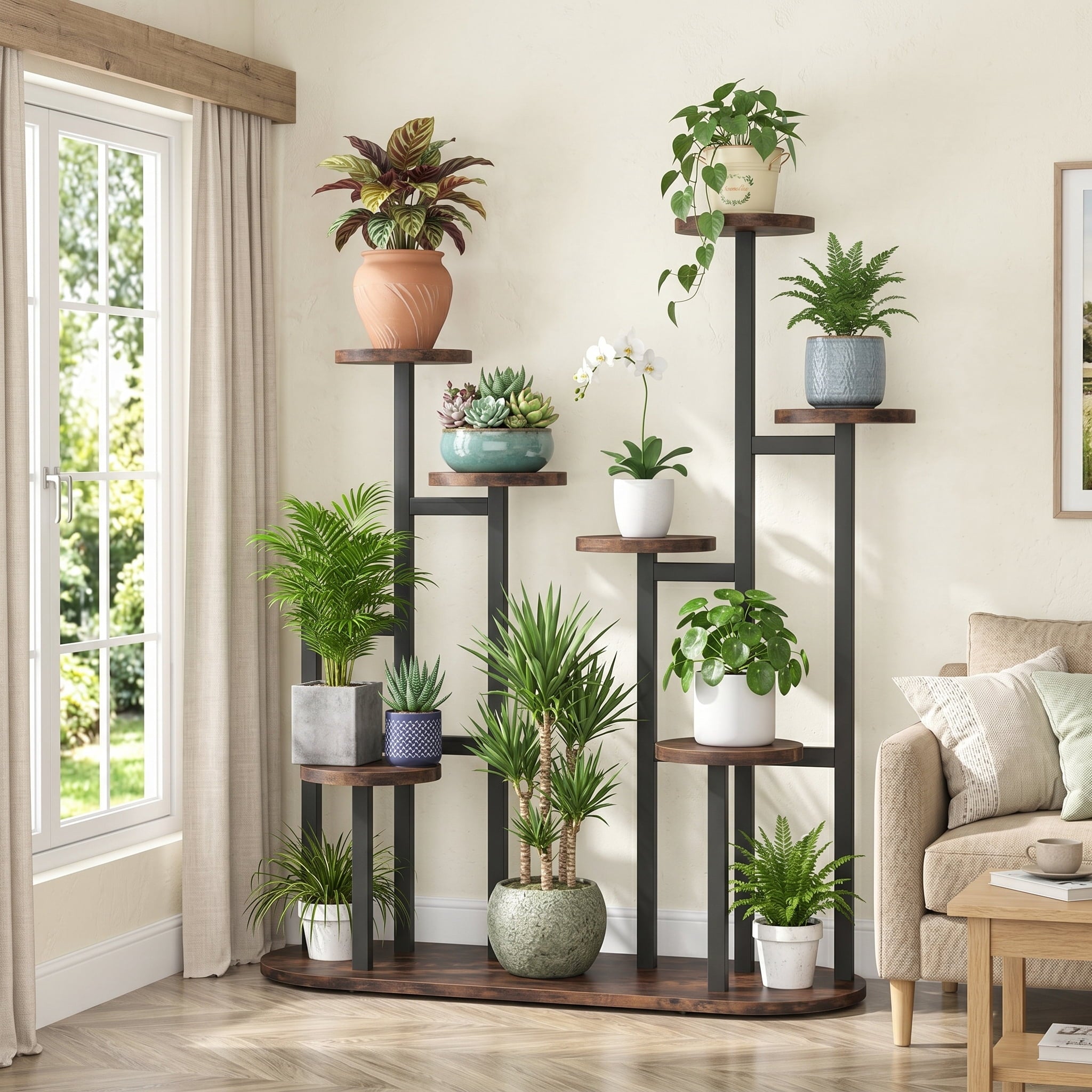 Fnova Multi-Tiered 11 Potted Plant Stand, Metal Flower Holder Planter Organizer for Garden Balcony Living Room, Rustic Brown