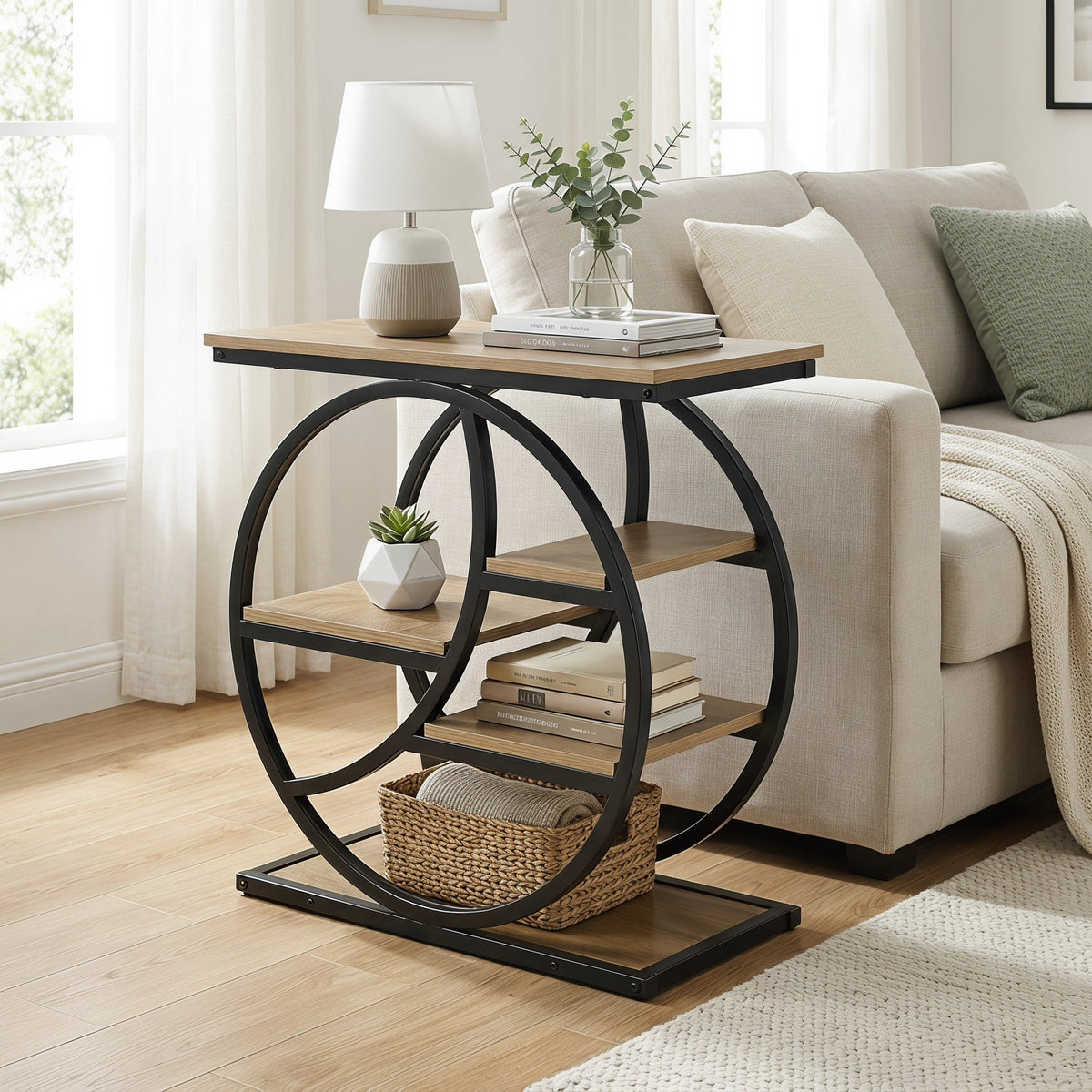 Fnova Narrow End Table, 4-Tier Side Table with Large Storage Space, Modern Industrial Bedside Table with Metal Frame for Living Room, Home Office, Bedroom, Rustic Light Oak + Black
