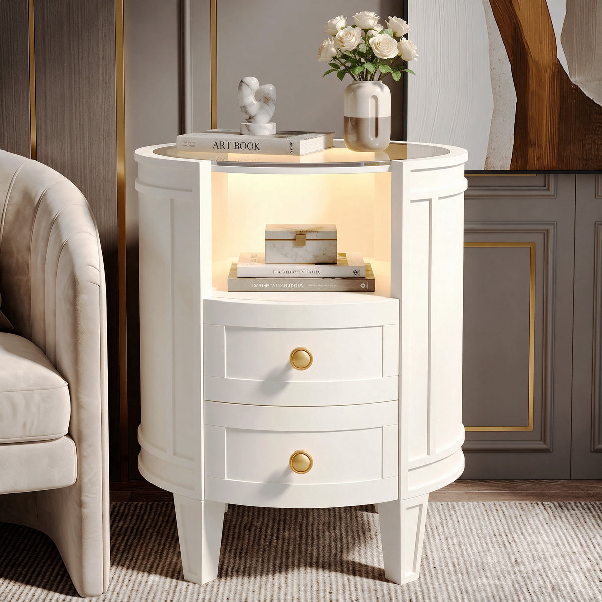 Fnova Oval Nightstand with 2 Drawers, LED Bedside Table with Glass Top, Modern White Night Stand, Storage Side Table for Bedroom, Living Room, Sofa, No Assembly Required