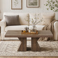 Fnova Rectangular Coffee Table with Thick Wooden Base, 47" Farmhouse Center Table for Living Room, Brown