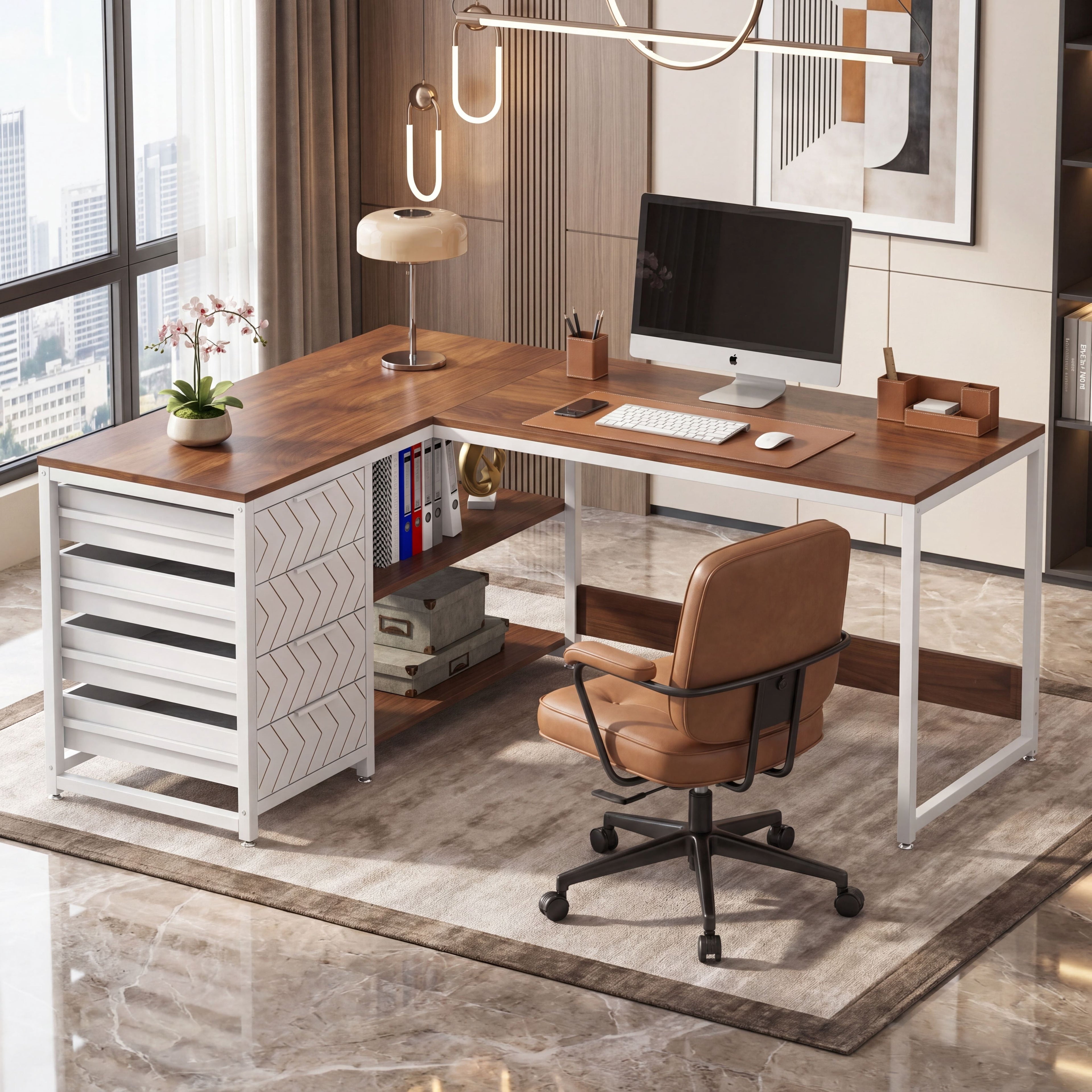 Fnova 59" Reversible L-Shaped Computer Desk with Drawers, Corner Desk with Shelves, Office Desk Writing Table Workstation for Home Office, Walnut