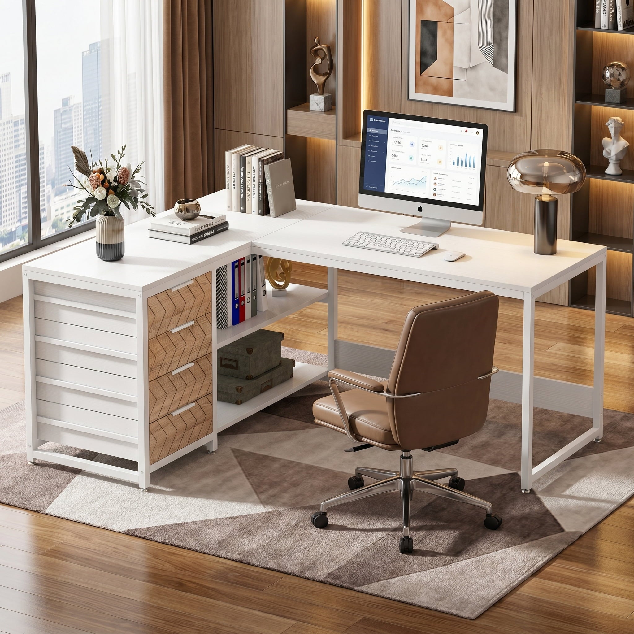 Fnova 59" Reversible L-Shaped Writing Desk with Drawers, Corner Desk with Shelves, Office Desk Computer Table Workstation for Home Office, White