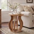 Fnova Round End Table with Curved Frame, Farmhouse Wooden Side Table for Bedroom, Small Spaces, Brown