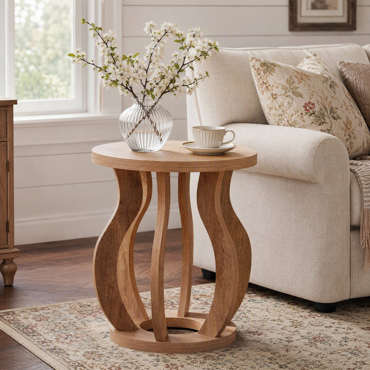 Fnova Round End Table with Curved Frame, Farmhouse Wooden Side Table for Bedroom, Small Spaces, Brown