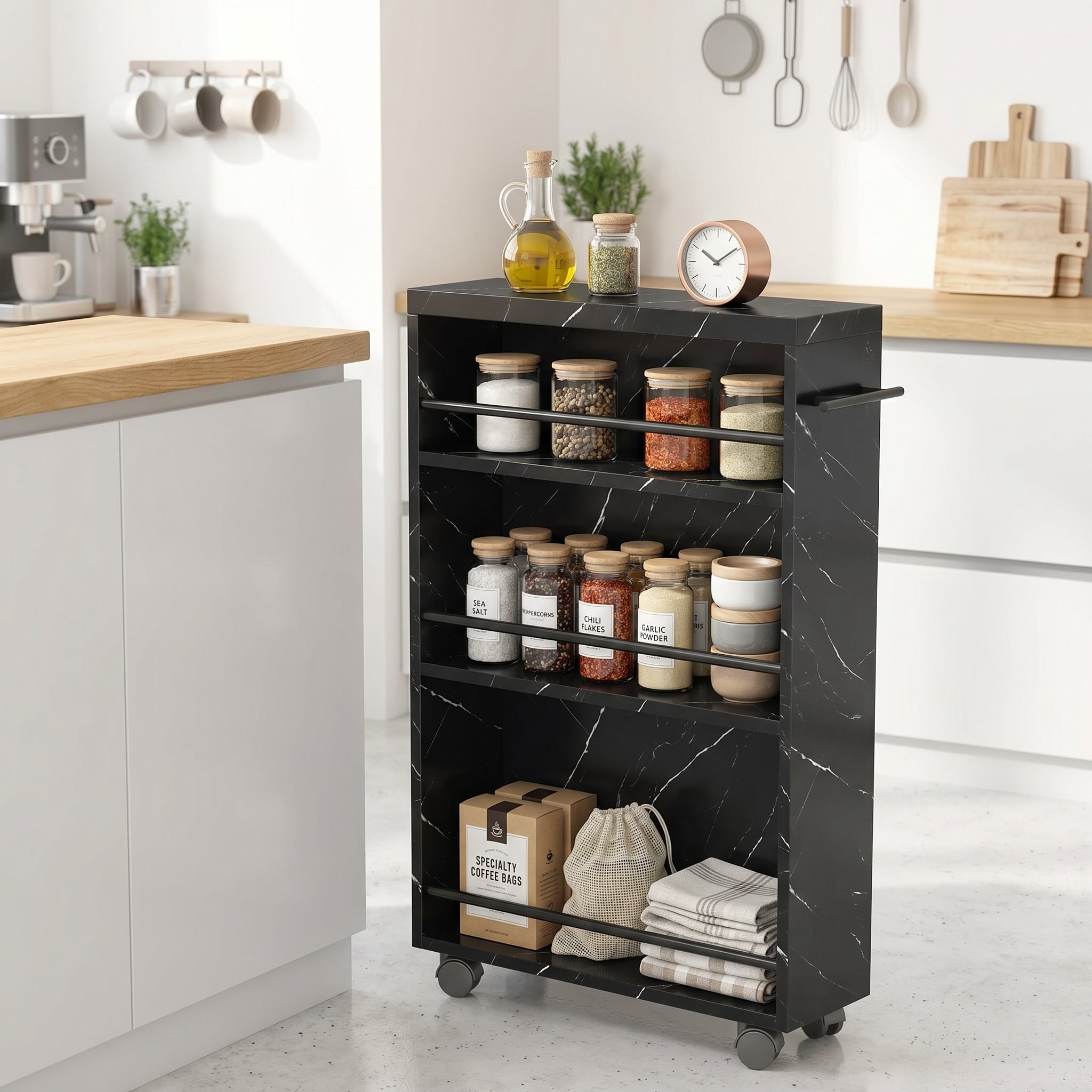 Fnova Slim Storage Cart, 4-Tier Rolling Kitchen Cart, Slide Out Narrow Utility Side Table for Bedroom, Bathroom, Laundry, Black & White