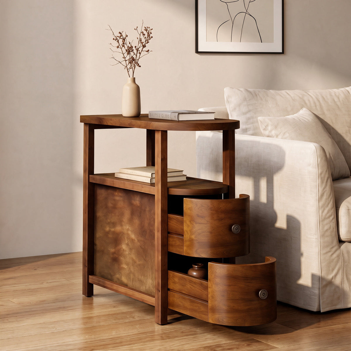 Fnova Solid Wood End Table with 2 Drawers and Open Shelf, Fully Assembled Narrow Side Table, Vintage Brown Nightstand for Living Room, Bedroom, Sofa Side