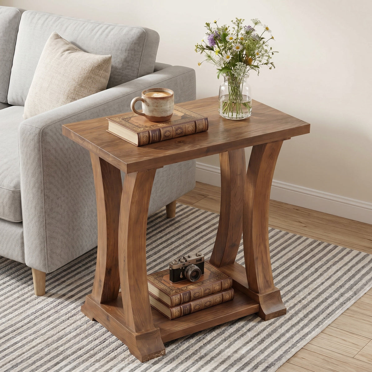 Fnova Solid Wood End Table, Narrow Side Table with Lower Storage Shelf, Rustic Accent Sofa Side Table for Living Room, Bedroom, Small Space