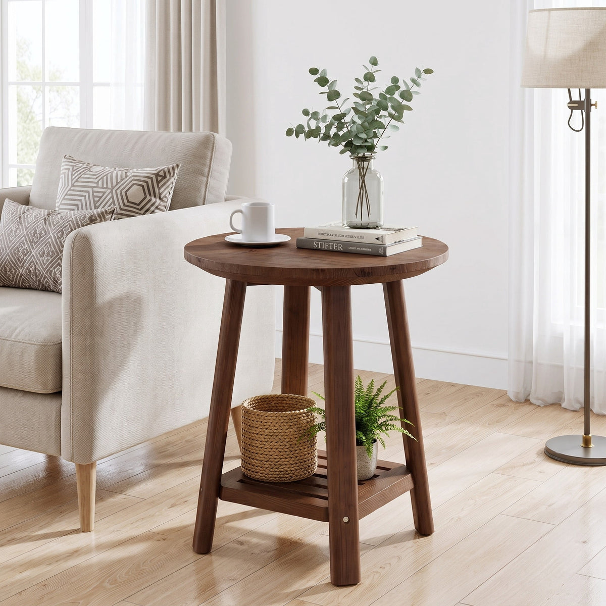 Fnova Solid Wood Round End Table, 2-Tier Small Side Table with Storage Shelf, Farmhouse Nightstand with Tapered Legs for Small Spaces, Living Room, Bedroom, Walnut