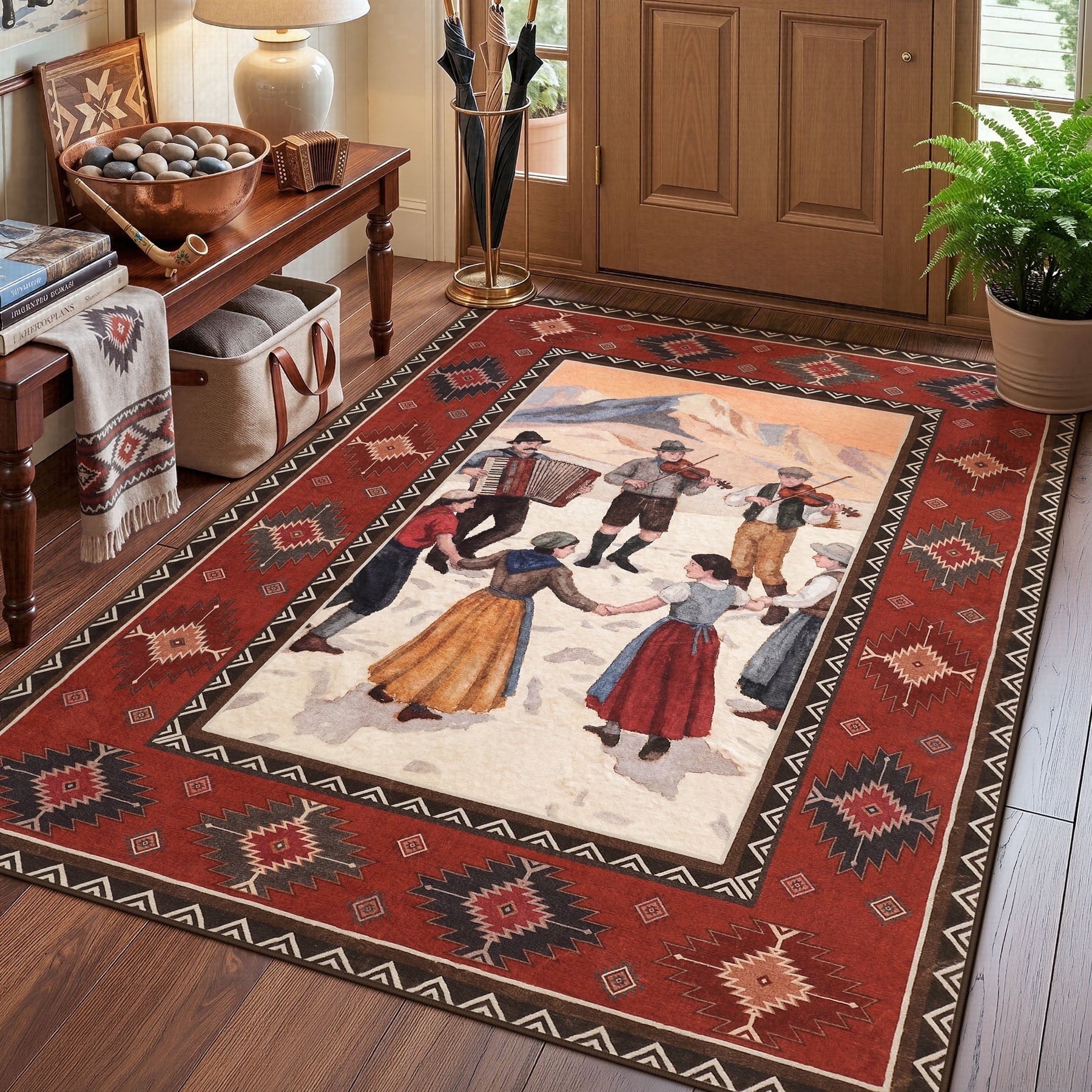 Fnova Southwestern 3x5 Rust Red Rugs for Entryway, Boho Tribal Washable Area Rug for Kitchen Bathroom, Soft Non-Slip Low Pile Indoor Carpet for Rustic Cabin Lodge Bedroom, Oeko-Tex Certified