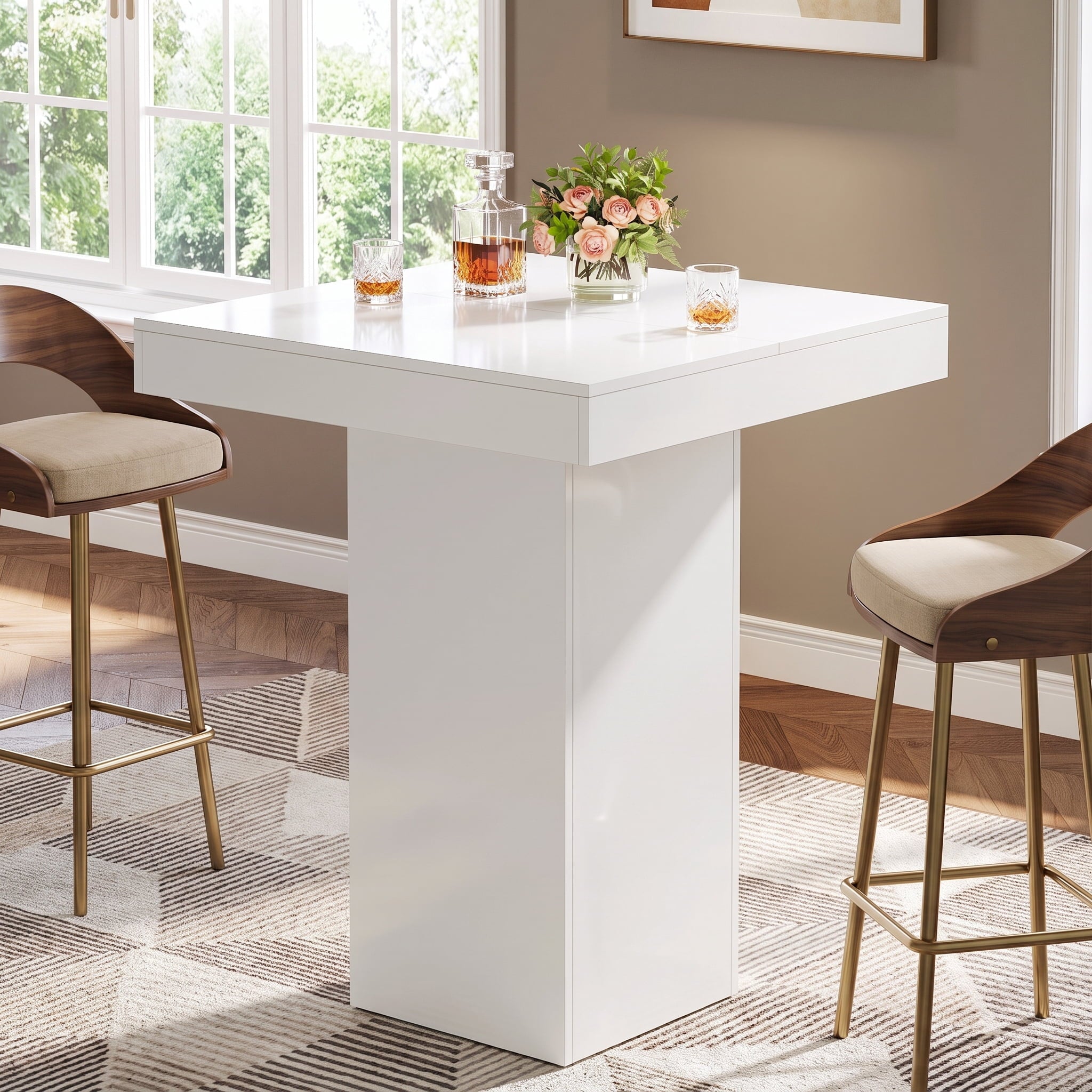 Fnova Square Bar Table for Liquor, Modern Kitchen Dining Table, Counter Height Pub Table for Kitchen, Tavern, Coffee Corner, White