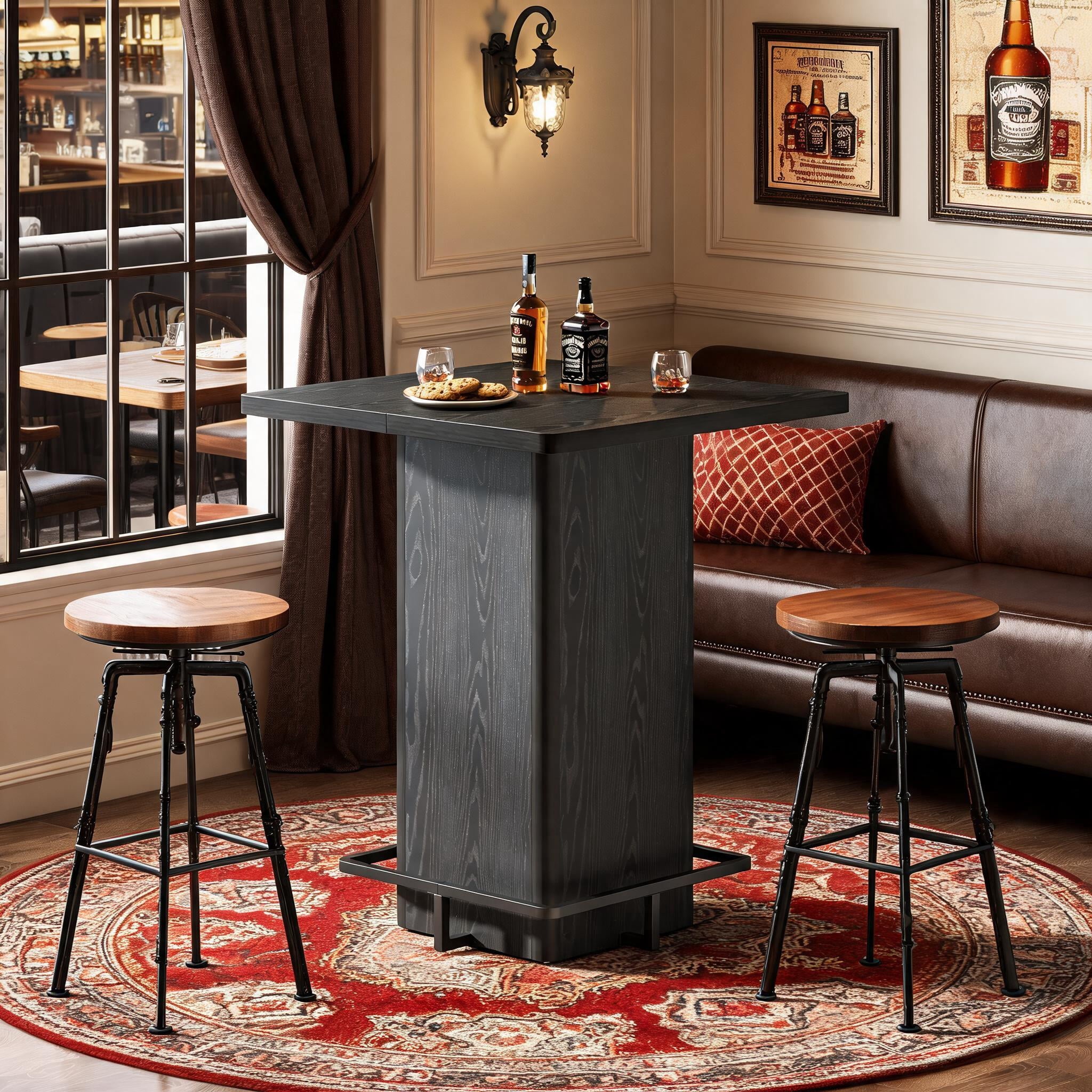 Fnova Square Pub Table with Built-in Metal Footrest Ring, 39.4" Bar Height Rustic Industrial Bistro Table for Kitchen, Home Bar, Apartment, Black