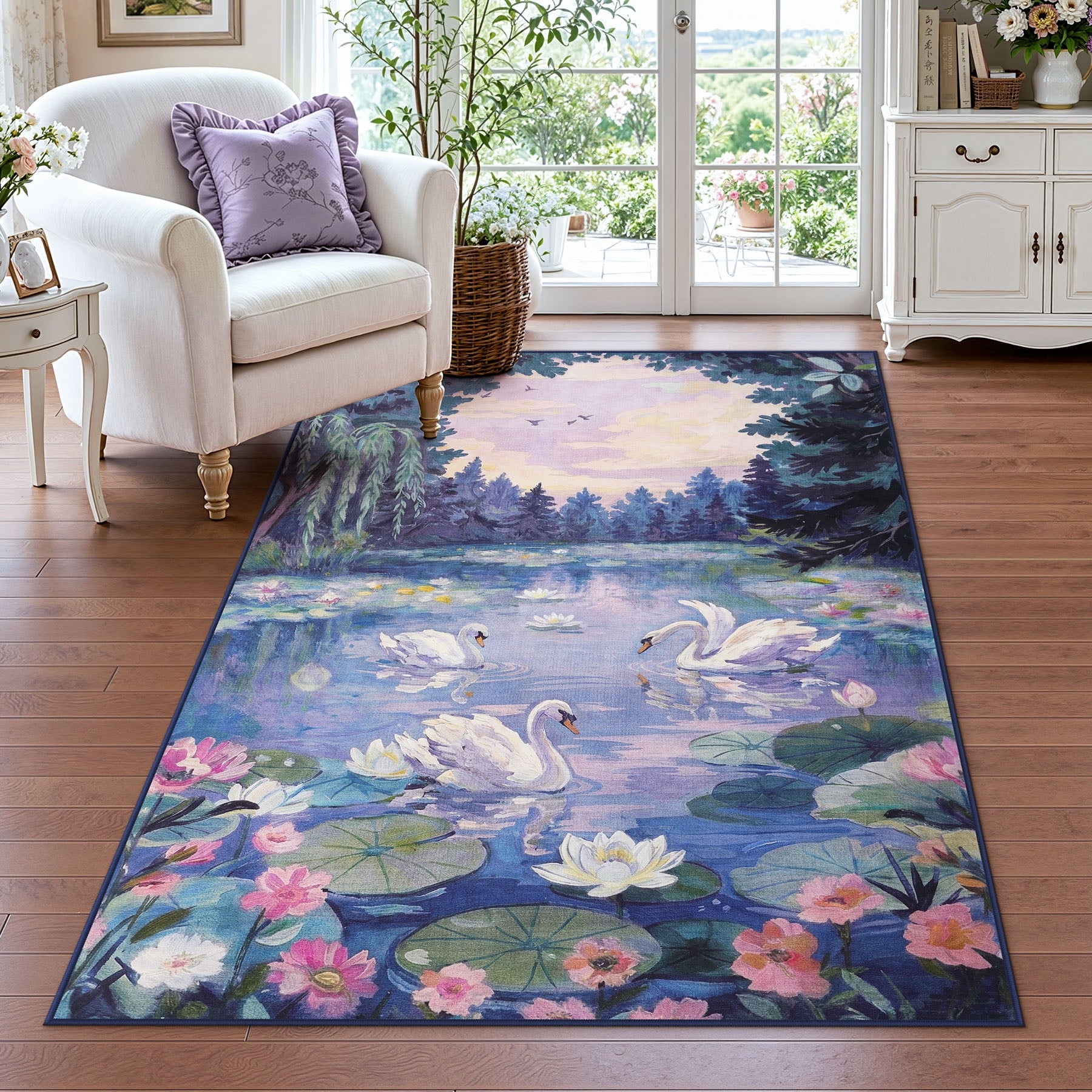 Fnova Washable Area Rug, 3x5 Faux Wool Floral Swan Rug with Non-Slip Backing, Low Pile Indoor Carpet for Living Room, Bedroom, Nursery, French Country Boho Decor