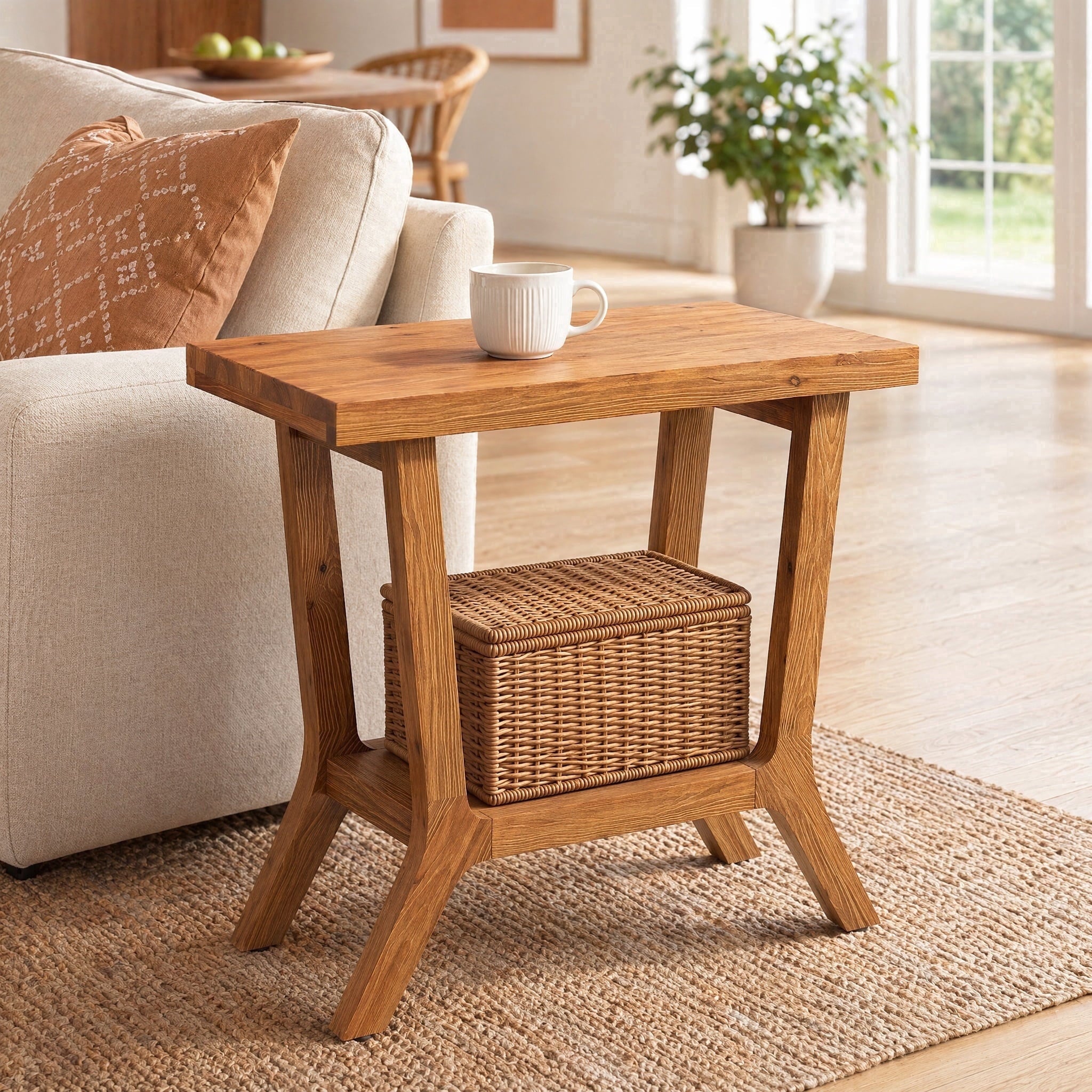 Fnova Solid Wood End Table, Small Wooden Side Table with 2-Tier Storage, Narrow Rustic Bedside Nightstand for Living Room, Bedroom, Small Places, Brown, 1PCS