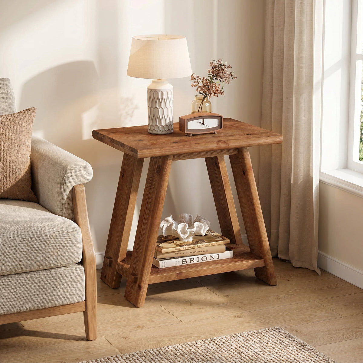 Fnova Solid Wood Side Table, Narrow Small End Table with 2-Tier Storage, Farmhouse Rectangle Bedside Nightstand for Living Room Bedroom, Small Places (1, Brown)