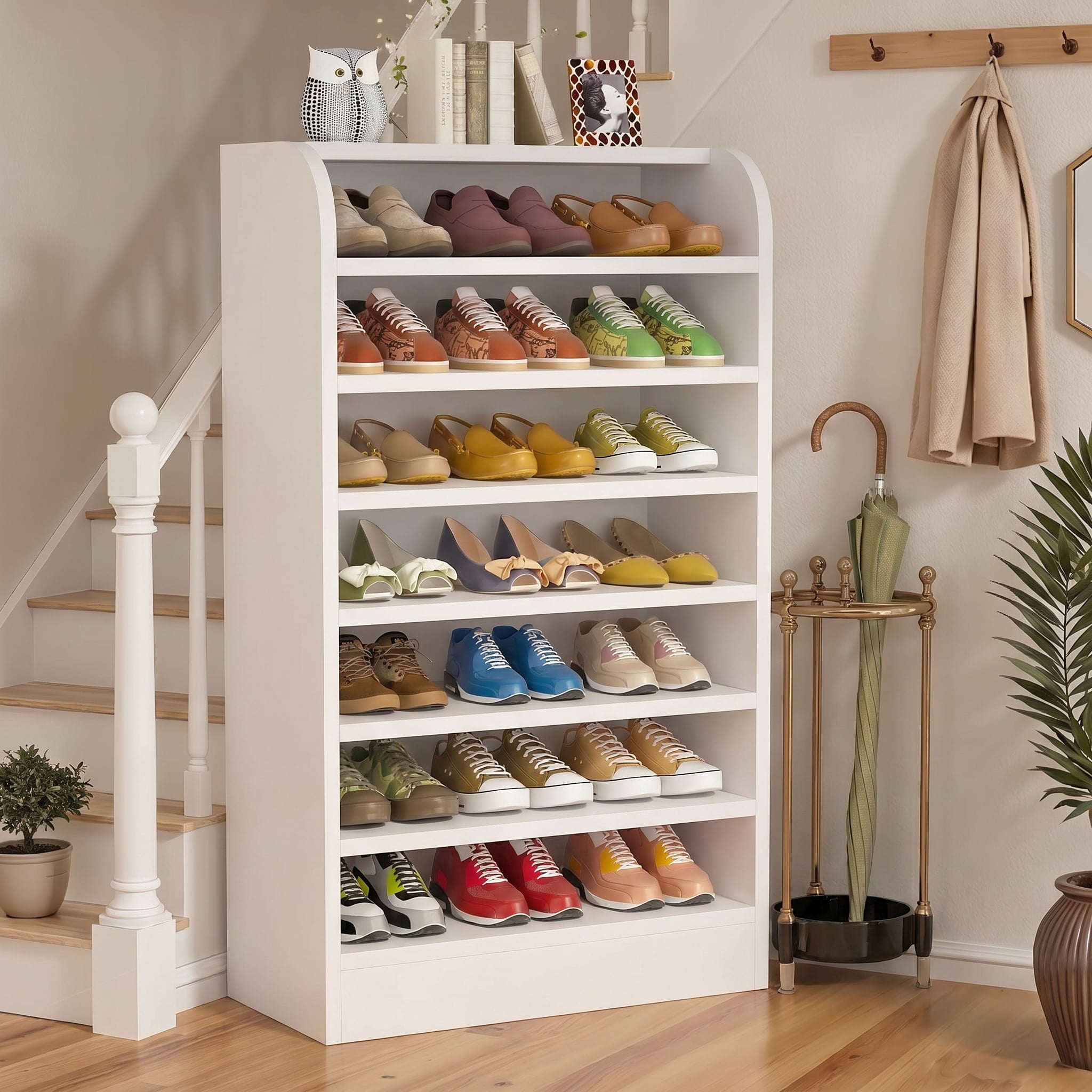Fnova 20 Pairs Shoe Storage Cabinet, 8-Tier Tall Shoe Rack, Wooden Shoe Shelf, White