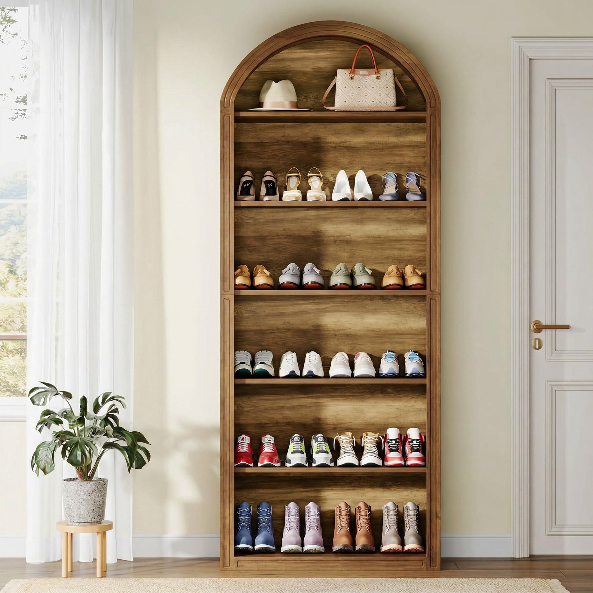 Fnova 24-30 Pairs Shoe Storage Cabinet, 6-Tier Tall Wooden Arch Cabinet Organizer, Large Modern Free Standing Shoe Rack, Brown