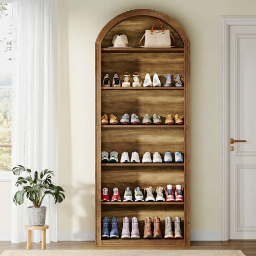 Fnova 24-30 Pairs Shoe Storage Cabinet, 6-Tier Tall Wooden Arch Cabinet Organizer, Large Modern Free Standing Shoe Rack, Brown
