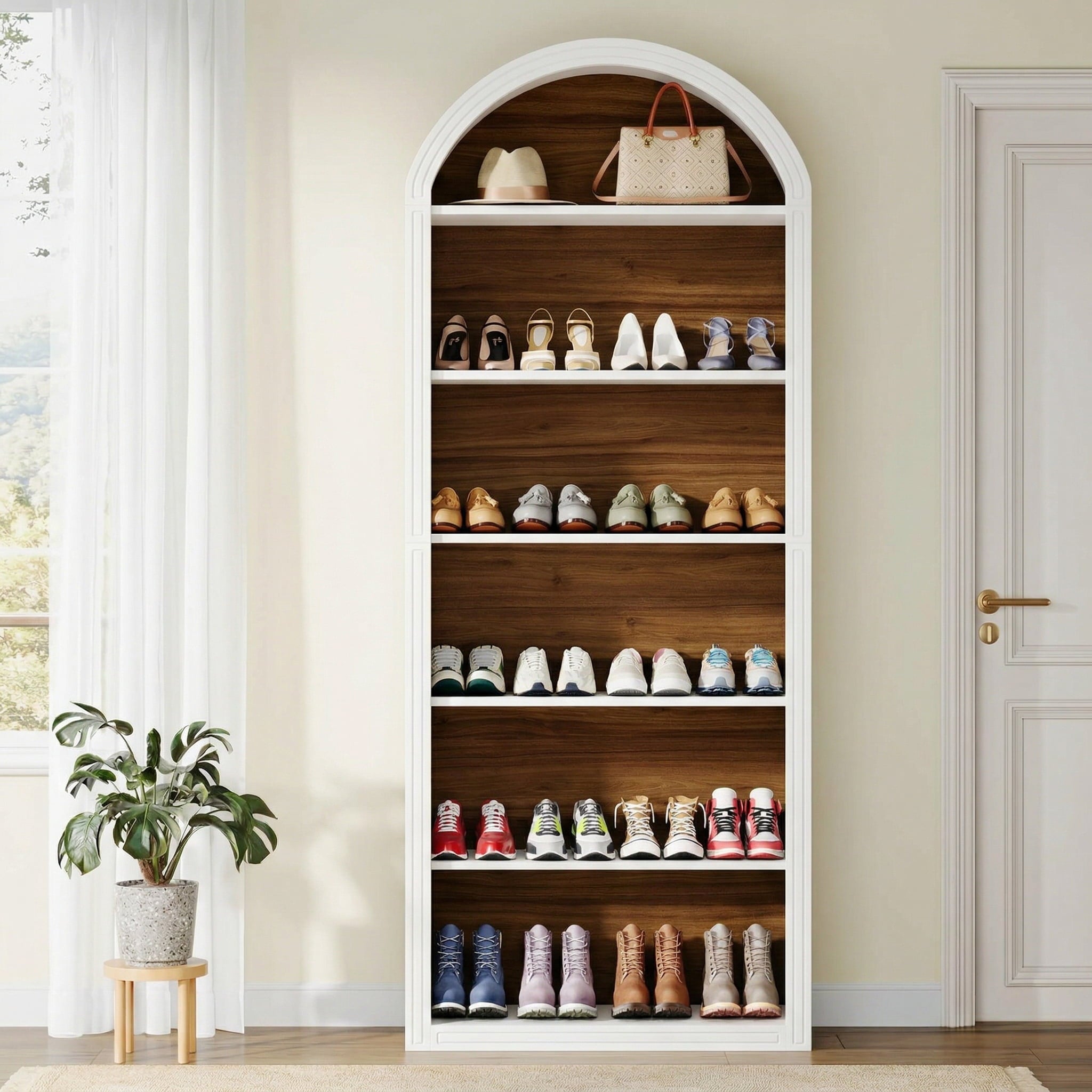 Fnova 24-30 Pairs Shoe Storage Cabinet, 6-Tier Tall Wooden Arch Cabinet Organizer, Large Modern Free Standing Shoe Rack, White