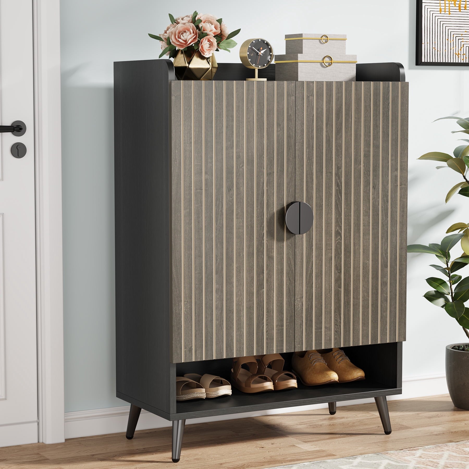 Fnova 24 Pairs Shoe Cabinet with Doors, 7-Tier Modern Shoe Organizer with Adjustable Shelves for Entryway, Grey