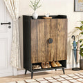 Fnova 24 Pairs Shoe Cabinet with Doors, 7-Tier Farmhouse Shoe Organizer with Adjustable Shelves for Entryway, Rustic Brown